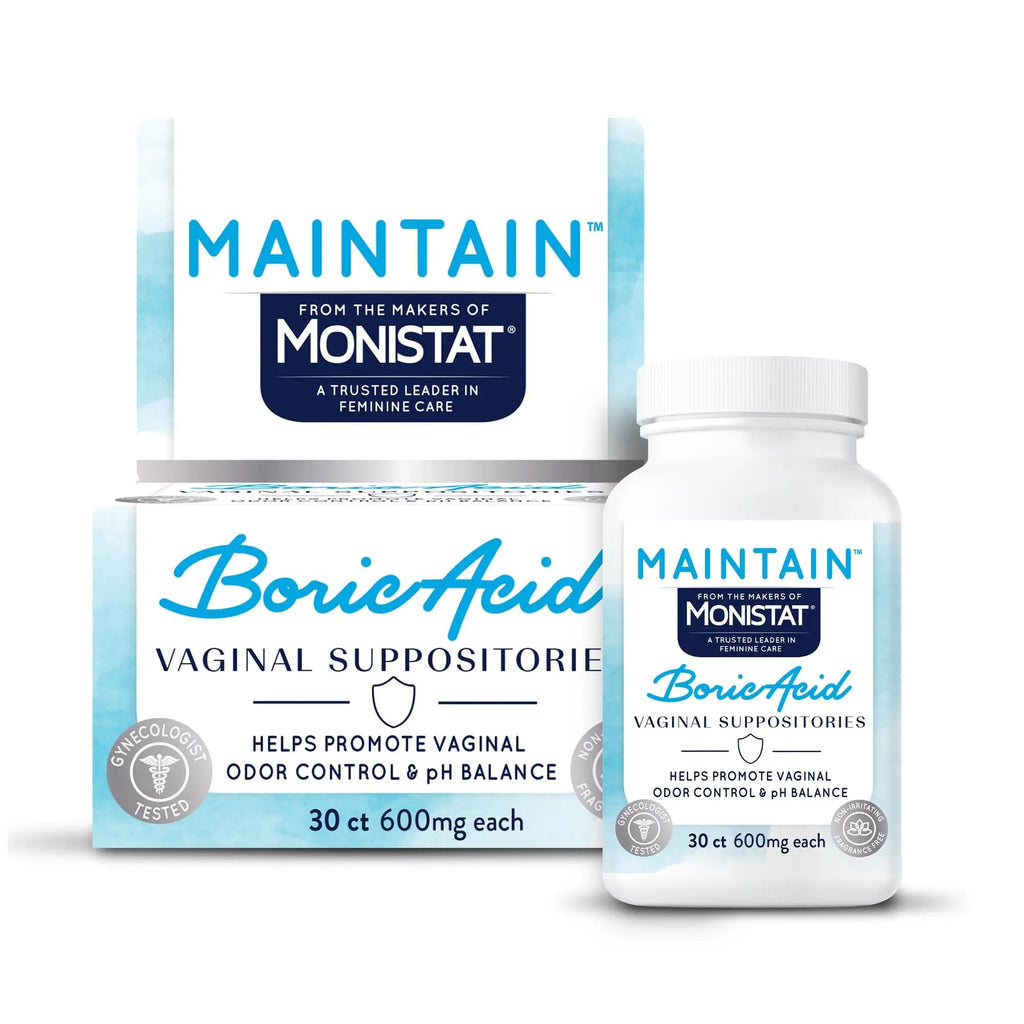 from The Makers of Monistat, Maintain Boric Acid Suppositories for Women, Fragrance-Free Inserts for Vaginal Odor Control and pH Balance Without Irritation, 30 Count - TrustMedUSA