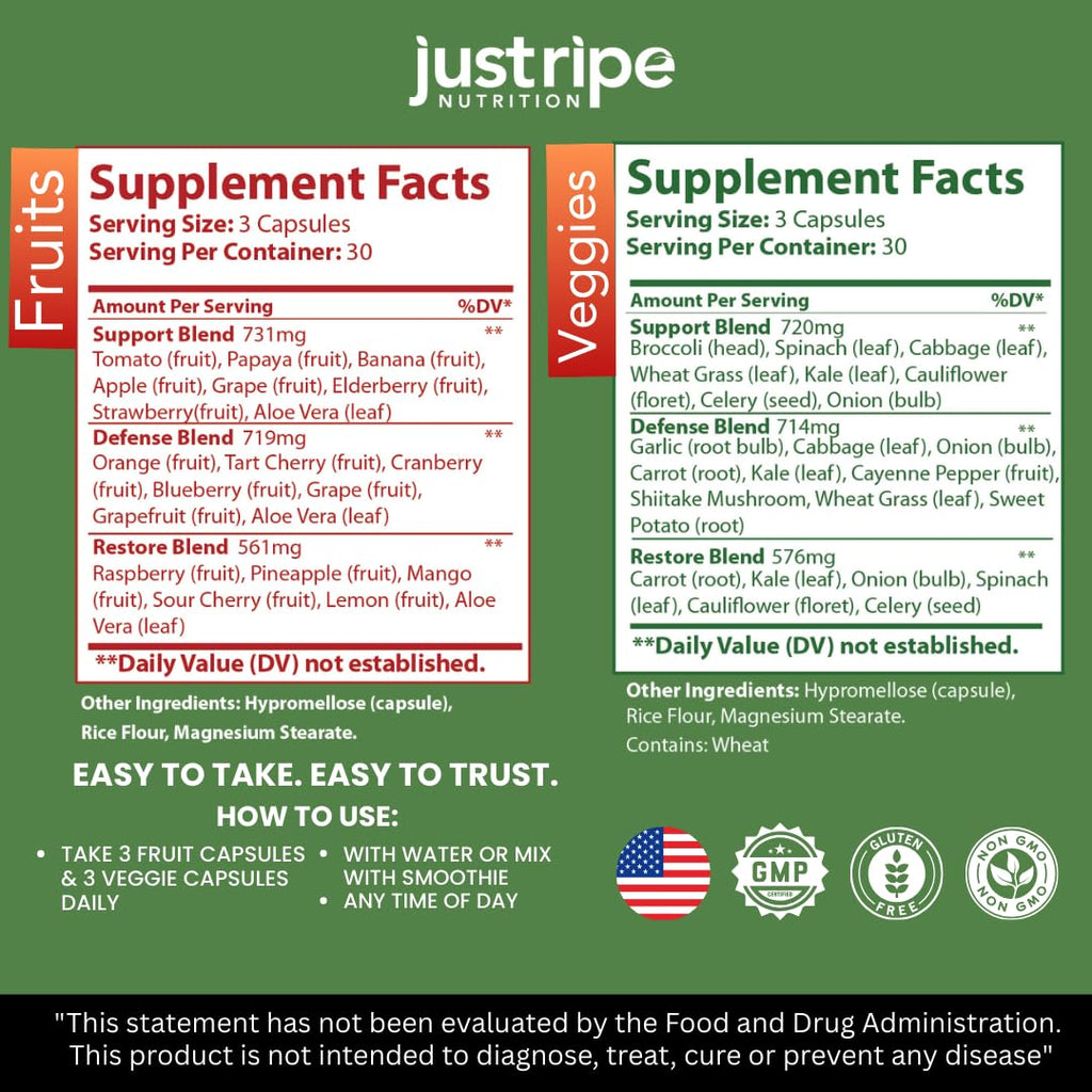 Fruits and Veggies Supplement - 90 Fruit and 90 Vegetable Capsules - 100% Whole Natural Superfood - Filled with Super Greens Vitamins and Minerals - Supports Balance Energy Levels (1 Pack) - TrustMedUSA