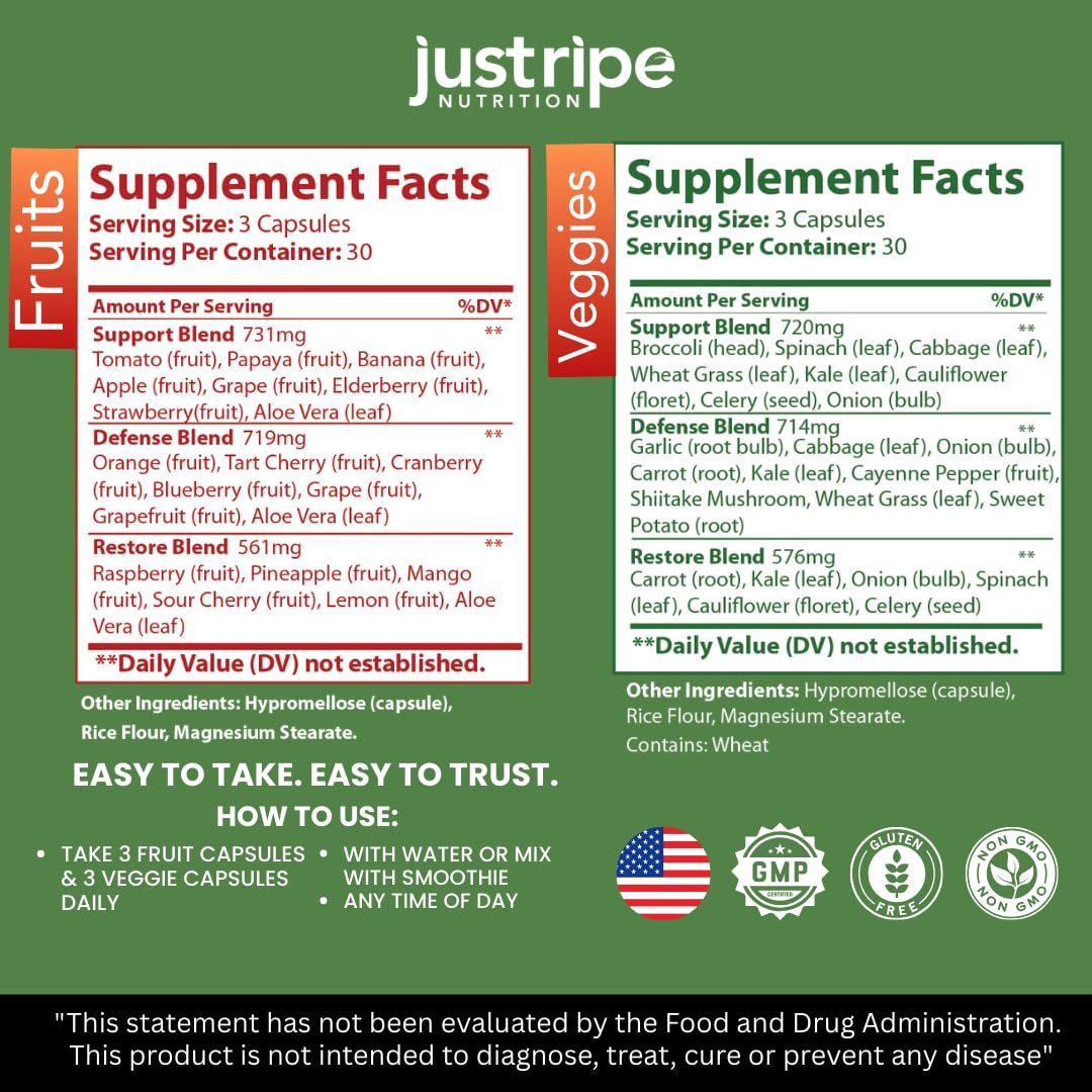 Fruits and Veggies Supplement - 90 Fruit and 90 Vegetable Capsules - 100% Whole Natural Superfood - Filled with Super Greens Vitamins and Minerals - Supports Balance Energy Levels (1 Pack) - TrustMedUSA