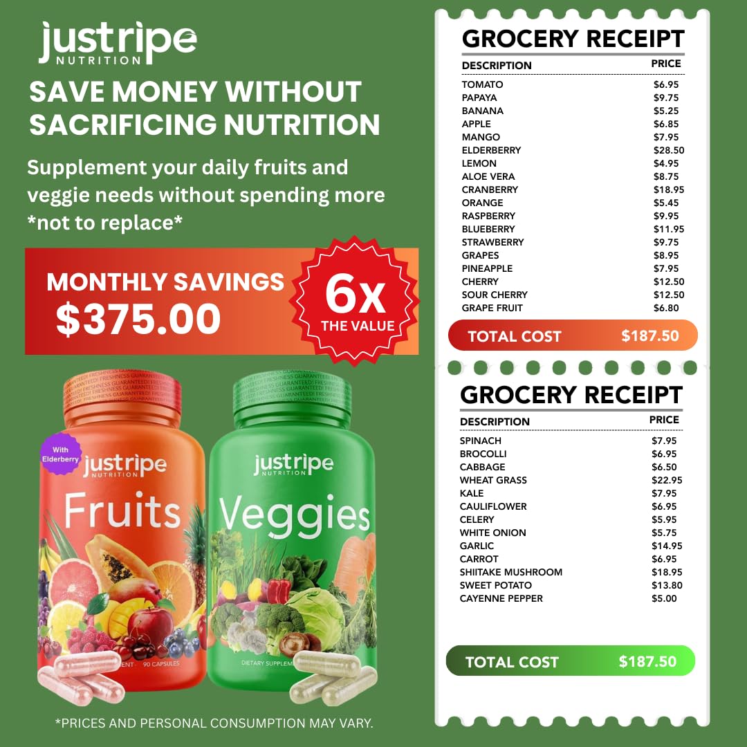 Fruits and Veggies Supplement - 90 Fruit and 90 Vegetable Capsules - 100% Whole Natural Superfood - Filled with Super Greens Vitamins and Minerals - Supports Balance Energy Levels (1 Pack) - TrustMedUSA