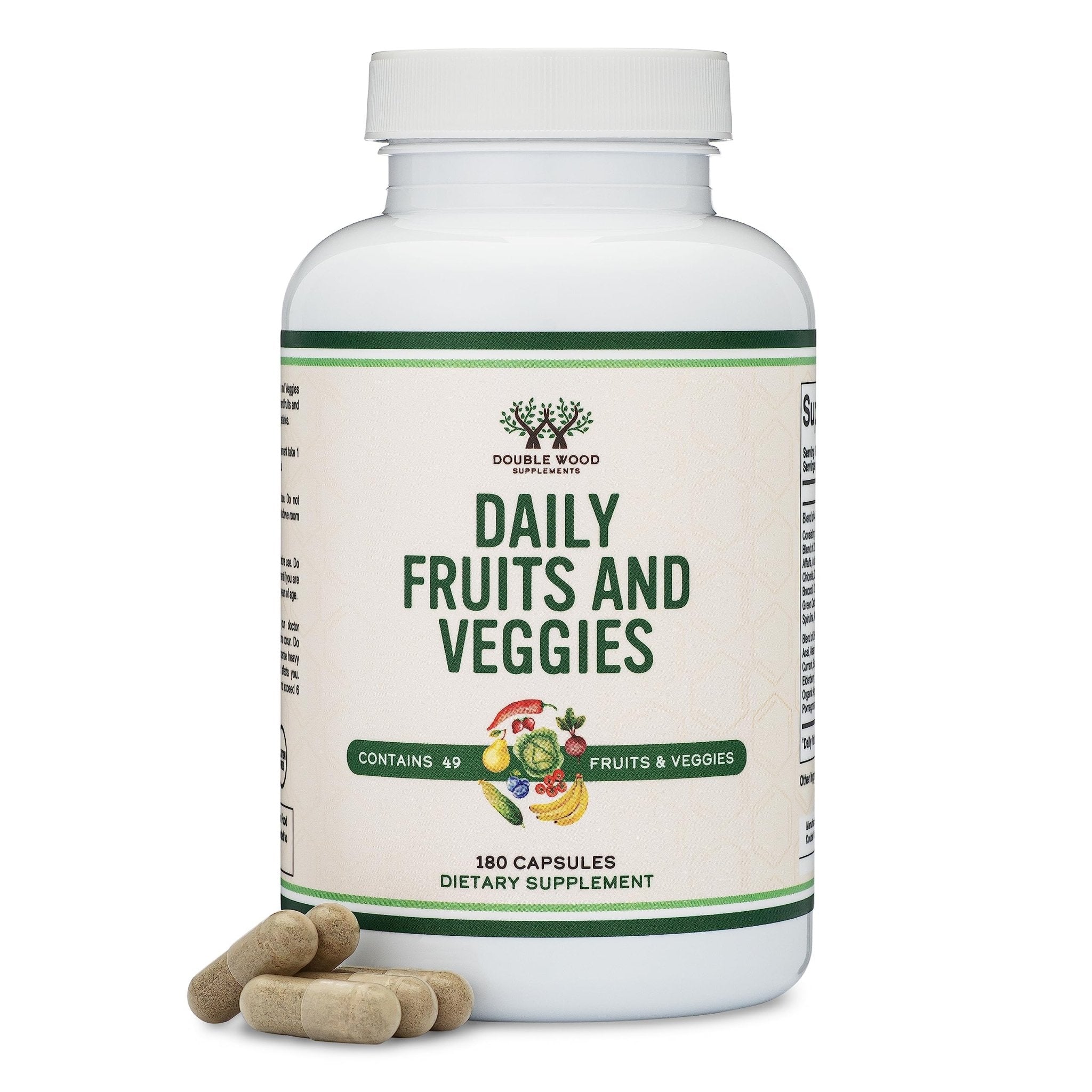 Fruits and Veggies Supplement (Daily Blend of 49 Different Fruits and Vegetables, 23 Veggies and 29 Fruits) 1,500mg Servings, 180 Capsules (No Fillers, Vegan Safe, Non-GMO) by Double Wood - TrustMedUSA