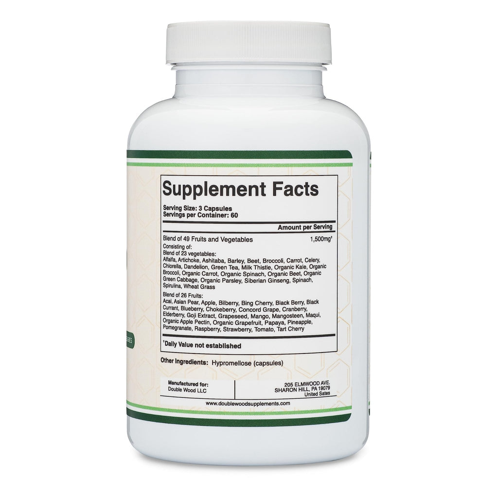 Fruits and Veggies Supplement (Daily Blend of 49 Different Fruits and Vegetables, 23 Veggies and 29 Fruits) 1,500mg Servings, 180 Capsules (No Fillers, Vegan Safe, Non-GMO) by Double Wood - TrustMedUSA