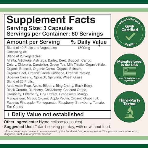 Fruits and Veggies Supplement (Daily Blend of 49 Different Fruits and Vegetables, 23 Veggies and 29 Fruits) 1,500mg Servings, 180 Capsules (No Fillers, Vegan Safe, Non-GMO) by Double Wood - TrustMedUSA