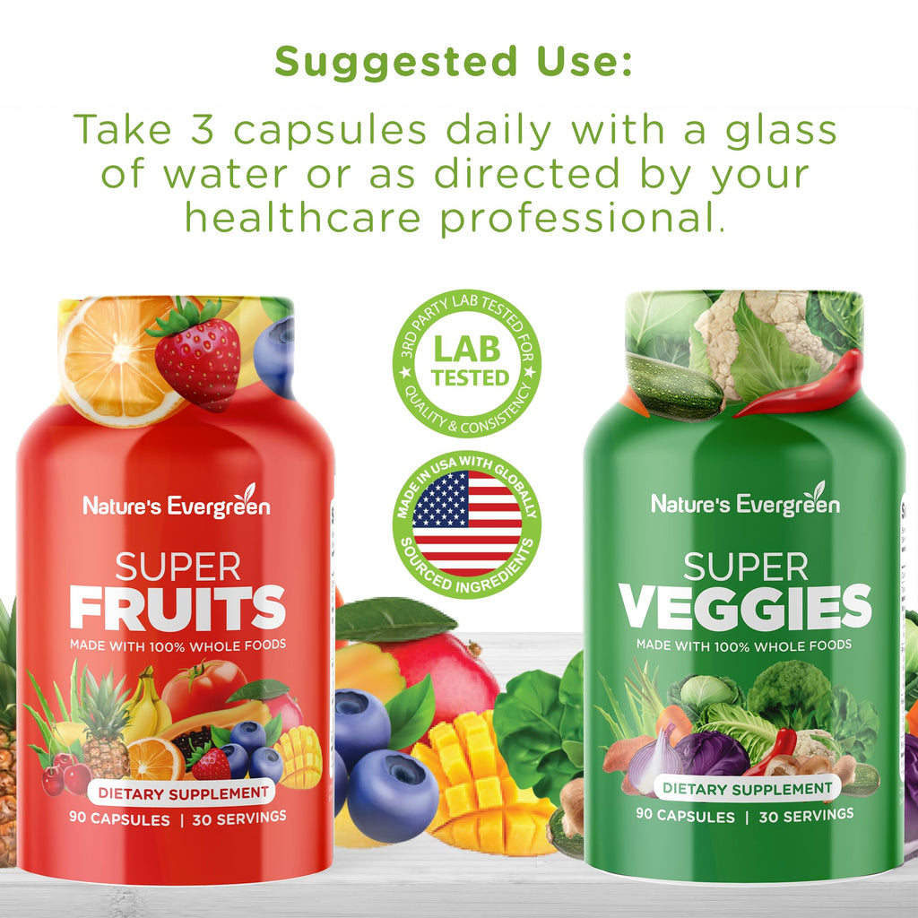 Fruits and Veggies Supplement - Nature Fruits and Vegetables Supplements - Vegan, Non GMO, Soy Free, Superfood Vitamins & Minerals Nutritional Balance - (Total 180 Capsules - Pack of 2) Made in USA - TrustMedUSA
