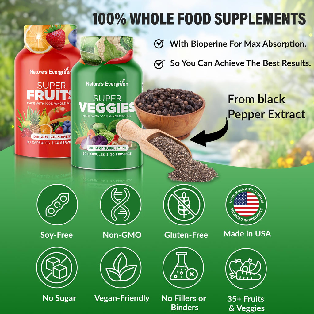 Fruits and Veggies Supplement - Nature Fruits and Vegetables Supplements - Vegan, Non GMO, Soy Free, Superfood Vitamins & Minerals Nutritional Balance - (Total 180 Capsules - Pack of 2) Made in USA - TrustMedUSA