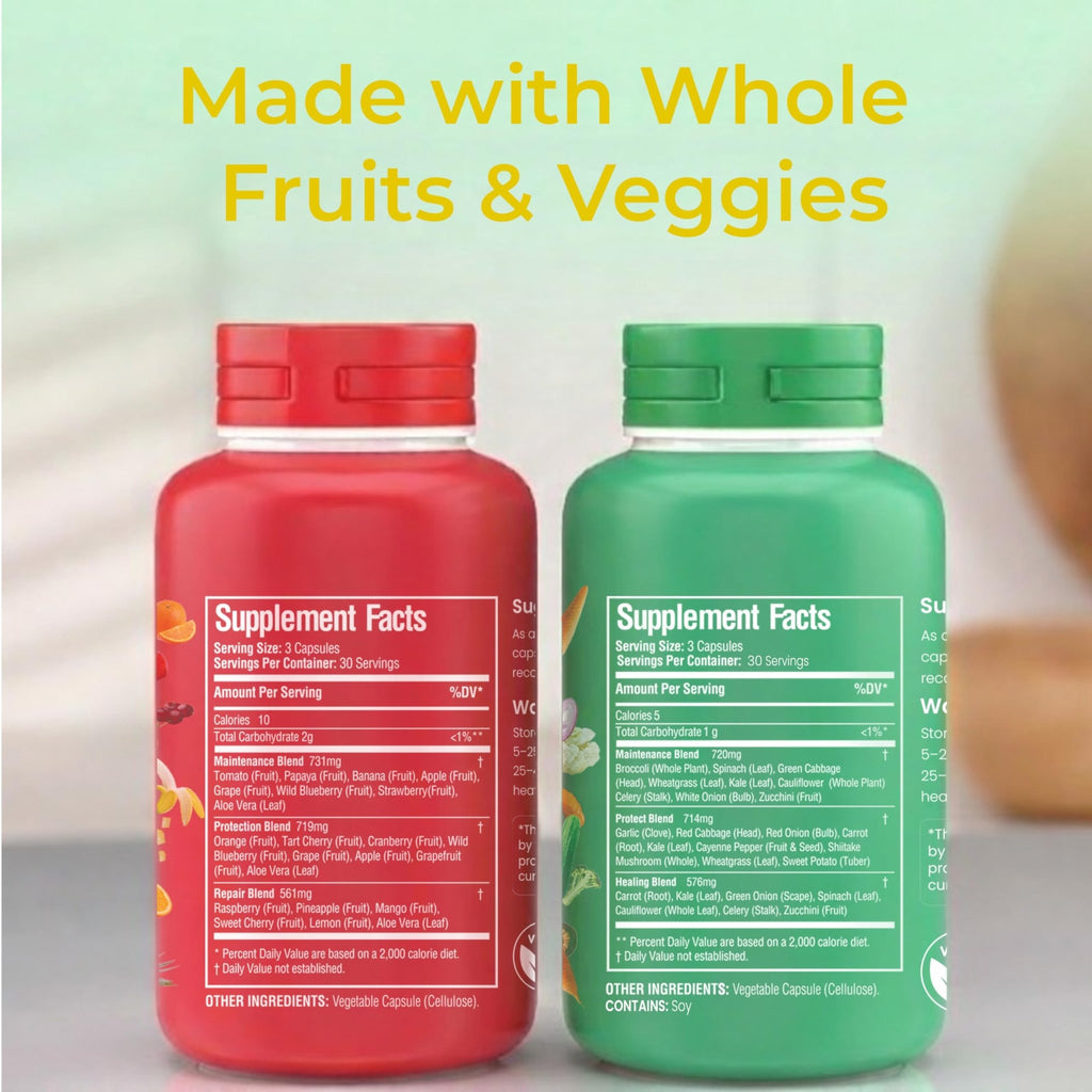 Fruits and Veggies Whole Produce Dietary Supplement with Superfood Fruits and Vegetables for Men, Women and Kids, 90 Fruit Capsules, 90 Veggie Capsules - 1 Set - TrustMedUSA
