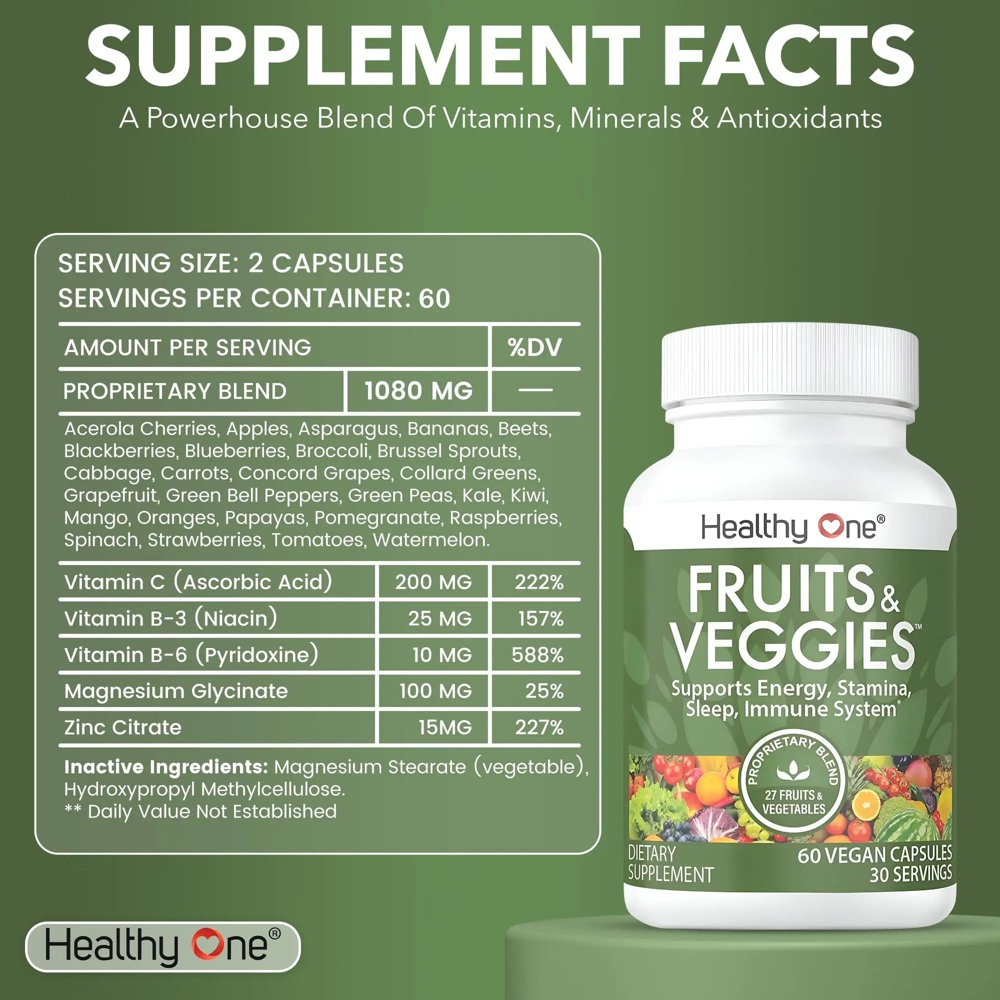 Fruits & Veggies Formula - 27 Premium Whole Foods - Organic Ingredients - Equals 3 Servings of Fruits & Vegetables - Improve Energy, Focus & Immune Function - Fiber - Antioxidants - 120ct (60 Serv) - TrustMedUSA