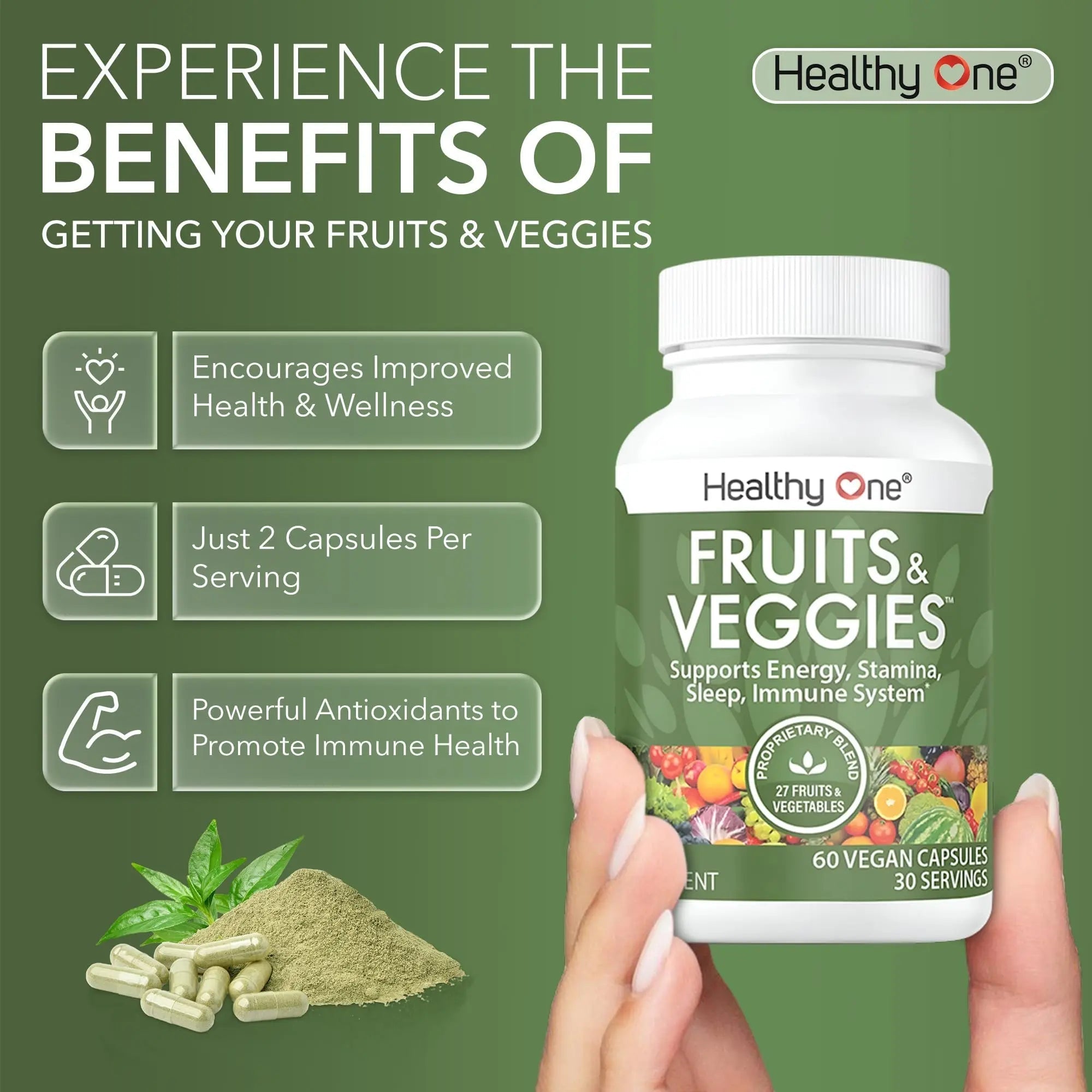 Fruits & Veggies Formula - 27 Premium Whole Foods - Organic Ingredients - Equals 3 Servings of Fruits & Vegetables - Improve Energy, Focus & Immune Function - Fiber - Antioxidants - 120ct (60 Serv) - TrustMedUSA