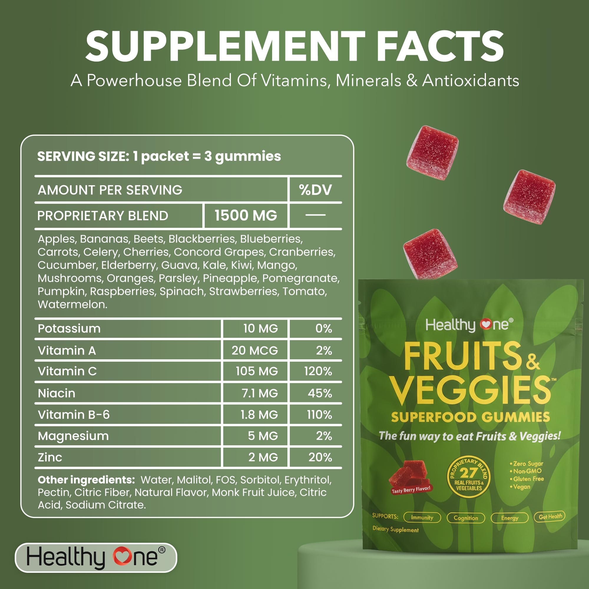 Fruits & Veggies Sugar-Free Gummies - 27 Whole Foods - Equals 3 Servings of Fruits & Vegetables - Improve Energy, Focus & Immune Function - Fiber - Antioxidants - Organic Ingredients - 14 Packets - TrustMedUSA