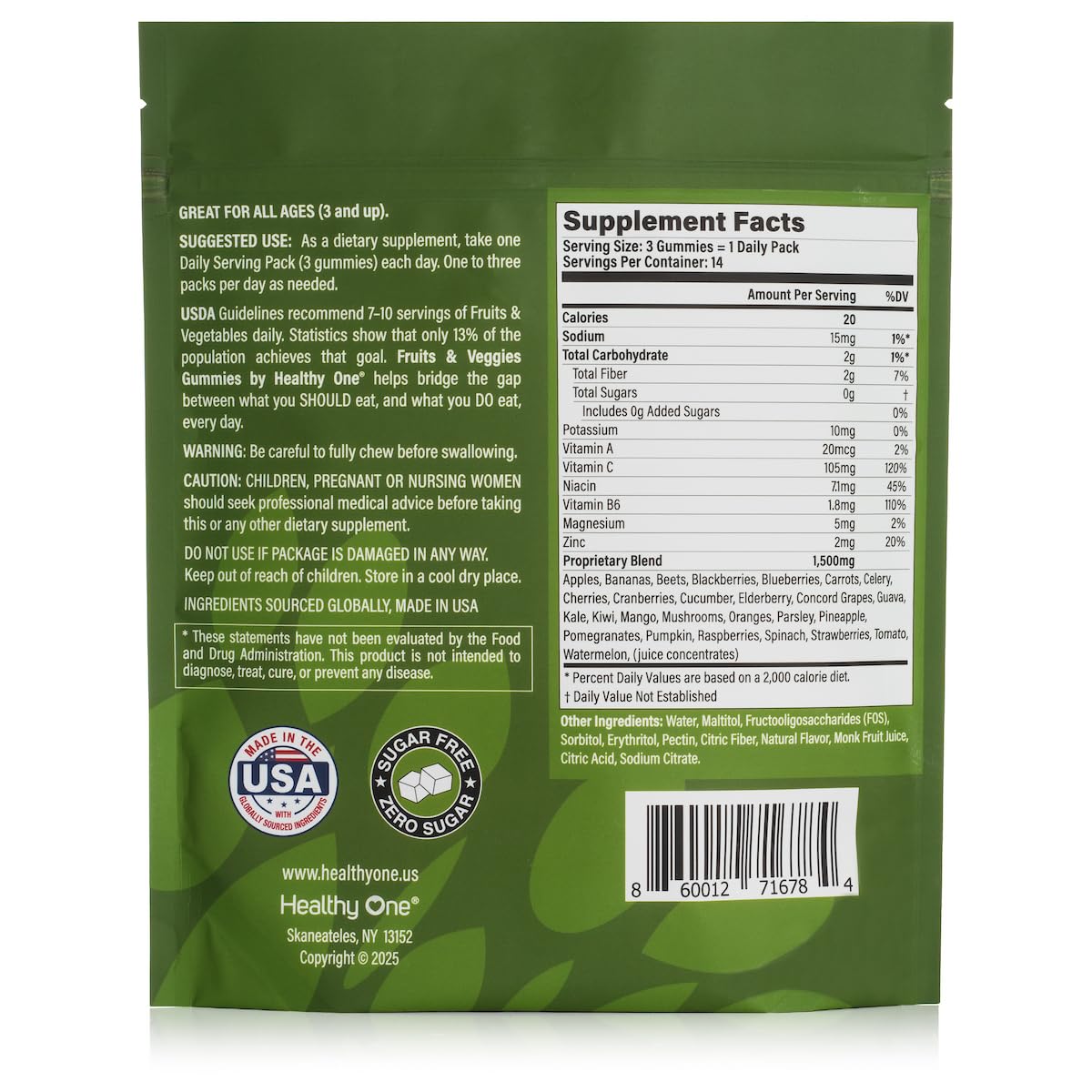 Fruits & Veggies Sugar-Free Gummies - 27 Whole Foods - Equals 3 Servings of Fruits & Vegetables - Improve Energy, Focus & Immune Function - Fiber - Antioxidants - Organic Ingredients - 14 Packets - TrustMedUSA