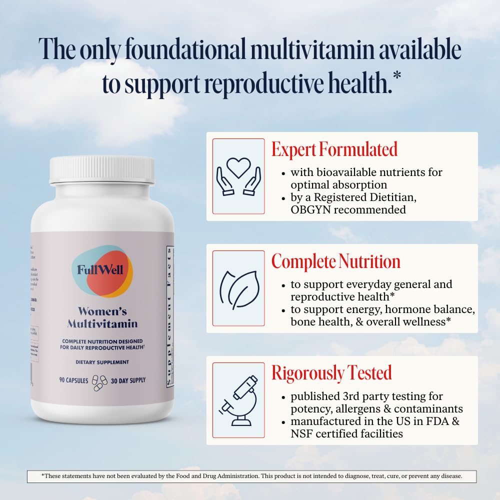 FullWell Women's Multivitamin - Daily Multivitamin for Reproductive Health - Supports Future Fertility, Hormone Balance & Overall Wellness - Antioxidant Blend - CoQ10 & PQQ - 90 Count (30 Servings) - TrustMedUSA
