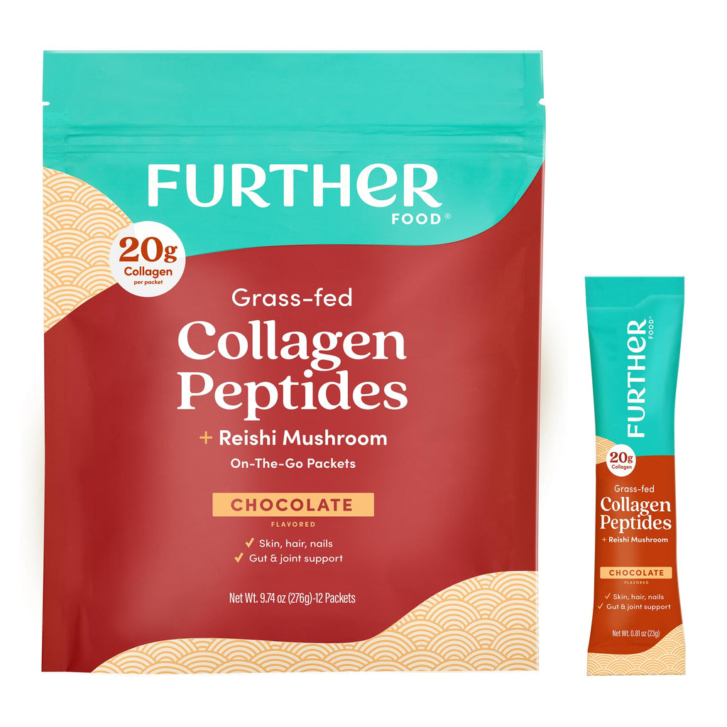 Further Food Chocolate Collagen Peptides Powder with Reishi Mushroom - 100% Grass-Fed, Hydrolyzed Type 1 & 3, 20g of Collagen per Serving, Supports Skin, Hair, Nails & Joints, Stick Packs, 9.74 Oz - Maple Wellness Supplements