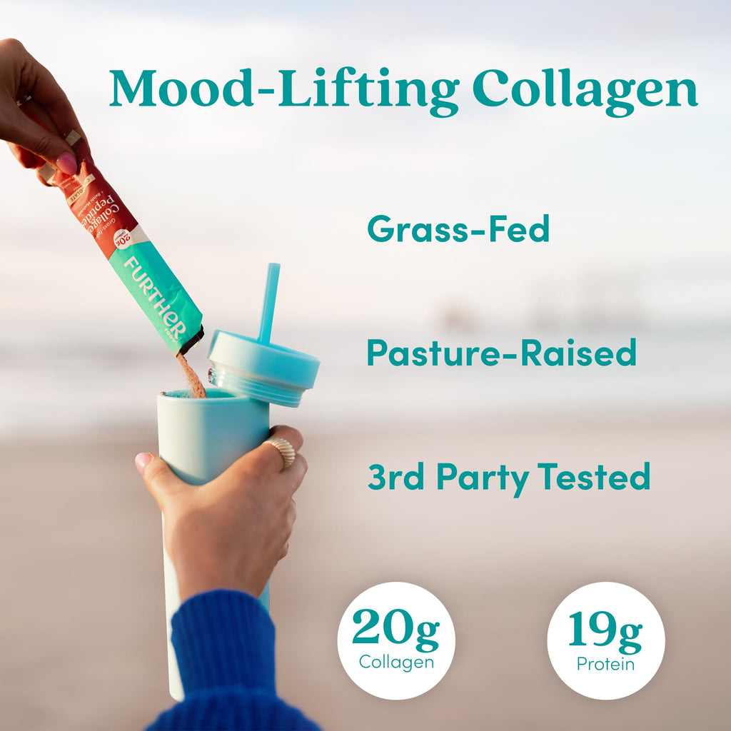 Further Food Chocolate Collagen Peptides Powder with Reishi Mushroom - 100% Grass-Fed, Hydrolyzed Type 1 & 3, 20g of Collagen per Serving, Supports Skin, Hair, Nails & Joints, Stick Packs, 9.74 Oz - Maple Wellness Supplements