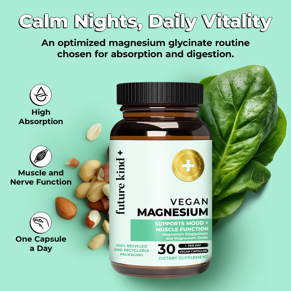 Future Kind Magnesium Glycinate, Supports Muscle and Nerve Function, High Absorption Chelated Magnesium Supplement, Nightly Calm, Energy & Metabolism, Highly Bioavailable & Potent - 30 Vegan Capsules - TrustMedUSA