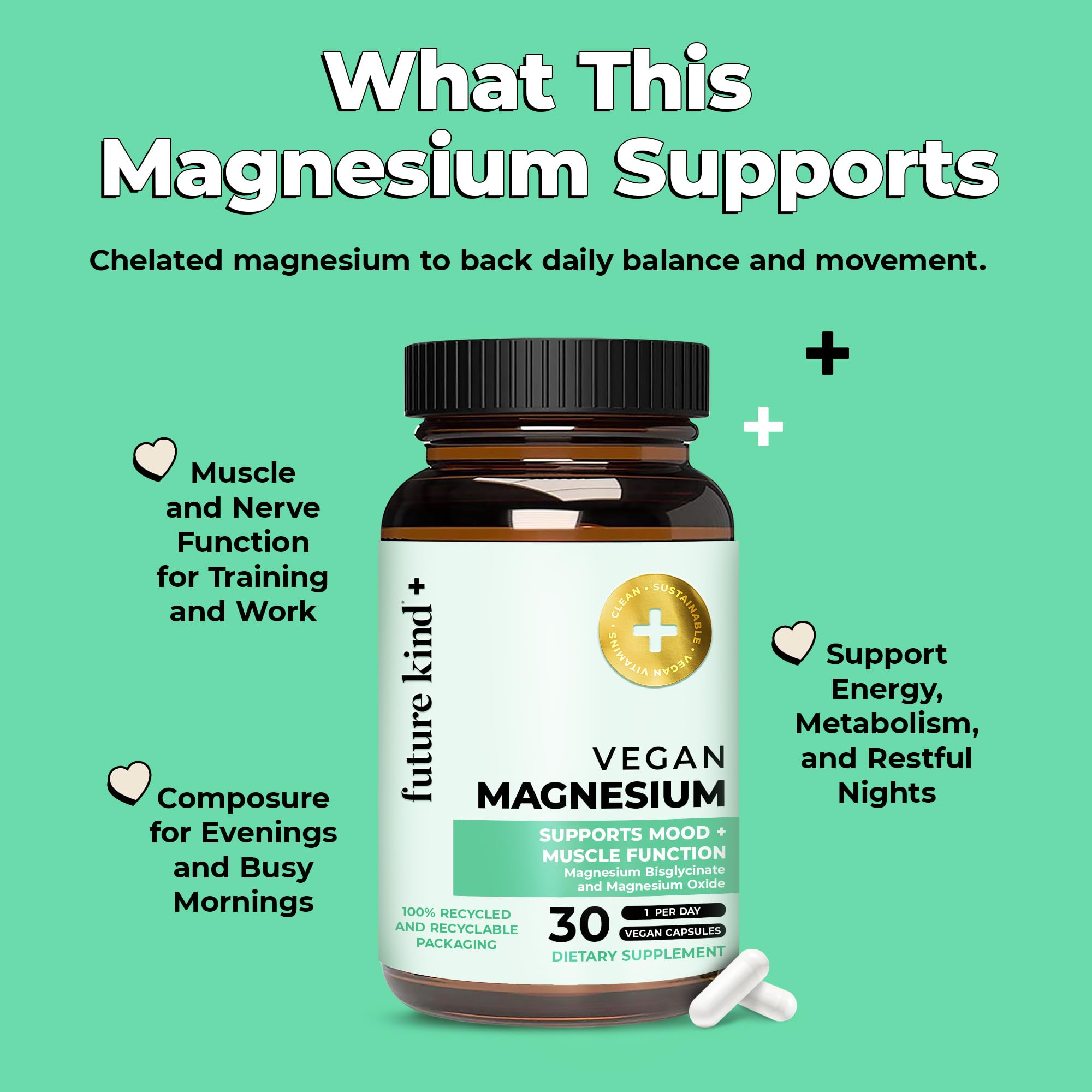 Future Kind Magnesium Glycinate, Supports Muscle and Nerve Function, High Absorption Chelated Magnesium Supplement, Nightly Calm, Energy & Metabolism, Highly Bioavailable & Potent - 30 Vegan Capsules - TrustMedUSA