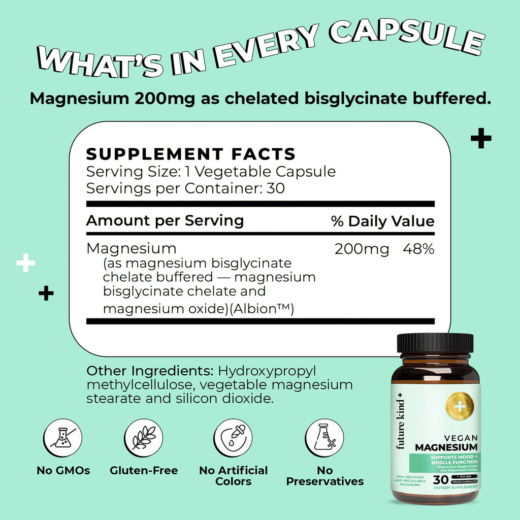 Future Kind Magnesium Glycinate, Supports Muscle and Nerve Function, High Absorption Chelated Magnesium Supplement, Nightly Calm, Energy & Metabolism, Highly Bioavailable & Potent - 30 Vegan Capsules - TrustMedUSA