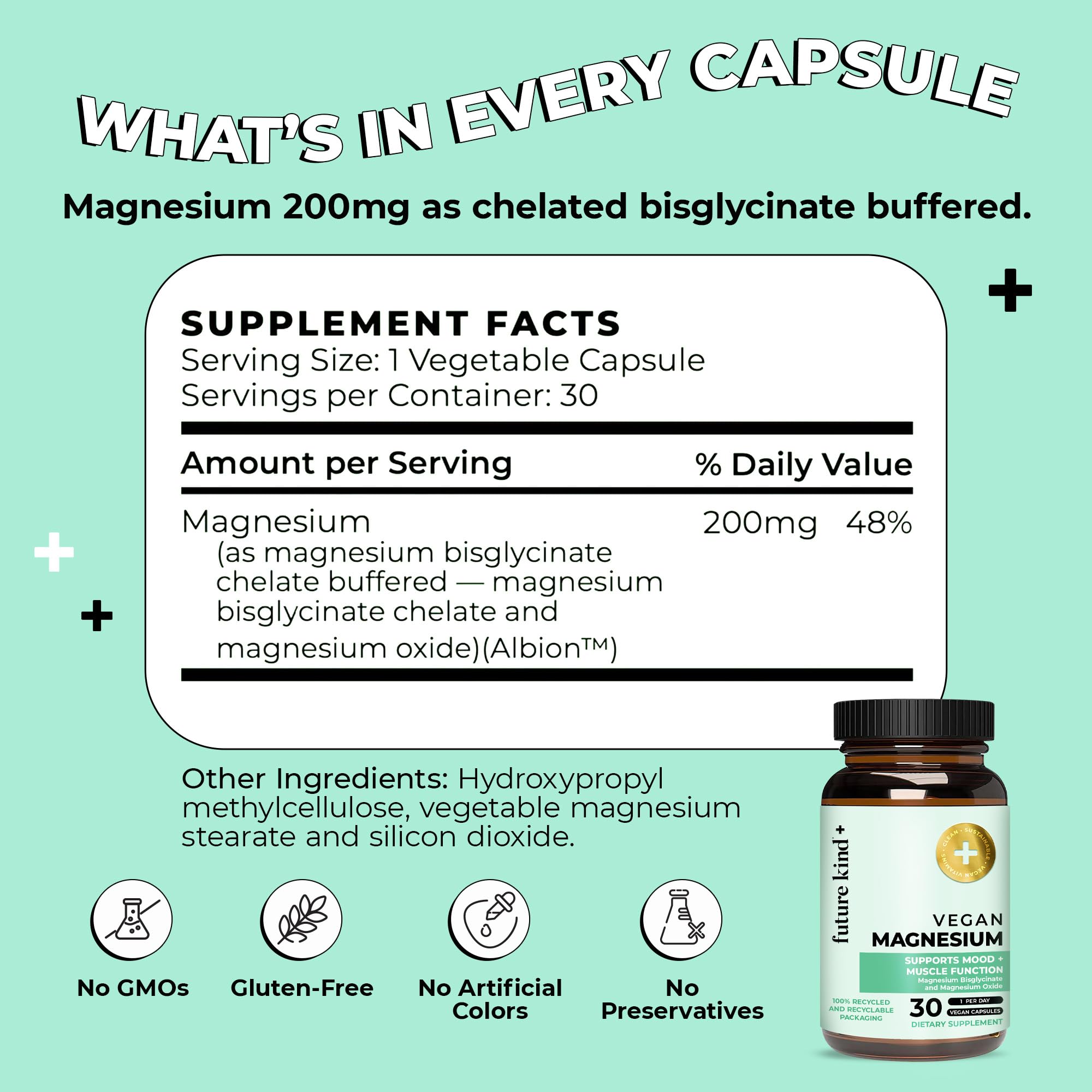 Future Kind Magnesium Glycinate, Supports Muscle and Nerve Function, High Absorption Chelated Magnesium Supplement, Nightly Calm, Energy & Metabolism, Highly Bioavailable & Potent - 30 Vegan Capsules - TrustMedUSA