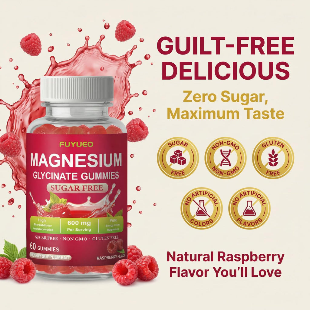 FUYUEO Magnesium Glycinate Gummies for Sleep & Relaxation, Sugar Free High Absorption Magnesium Supplement for Men & Women, Gentle on Stomach, Chewable, Raspberry, 60 Count (Pack of 1) - TrustMedUSA