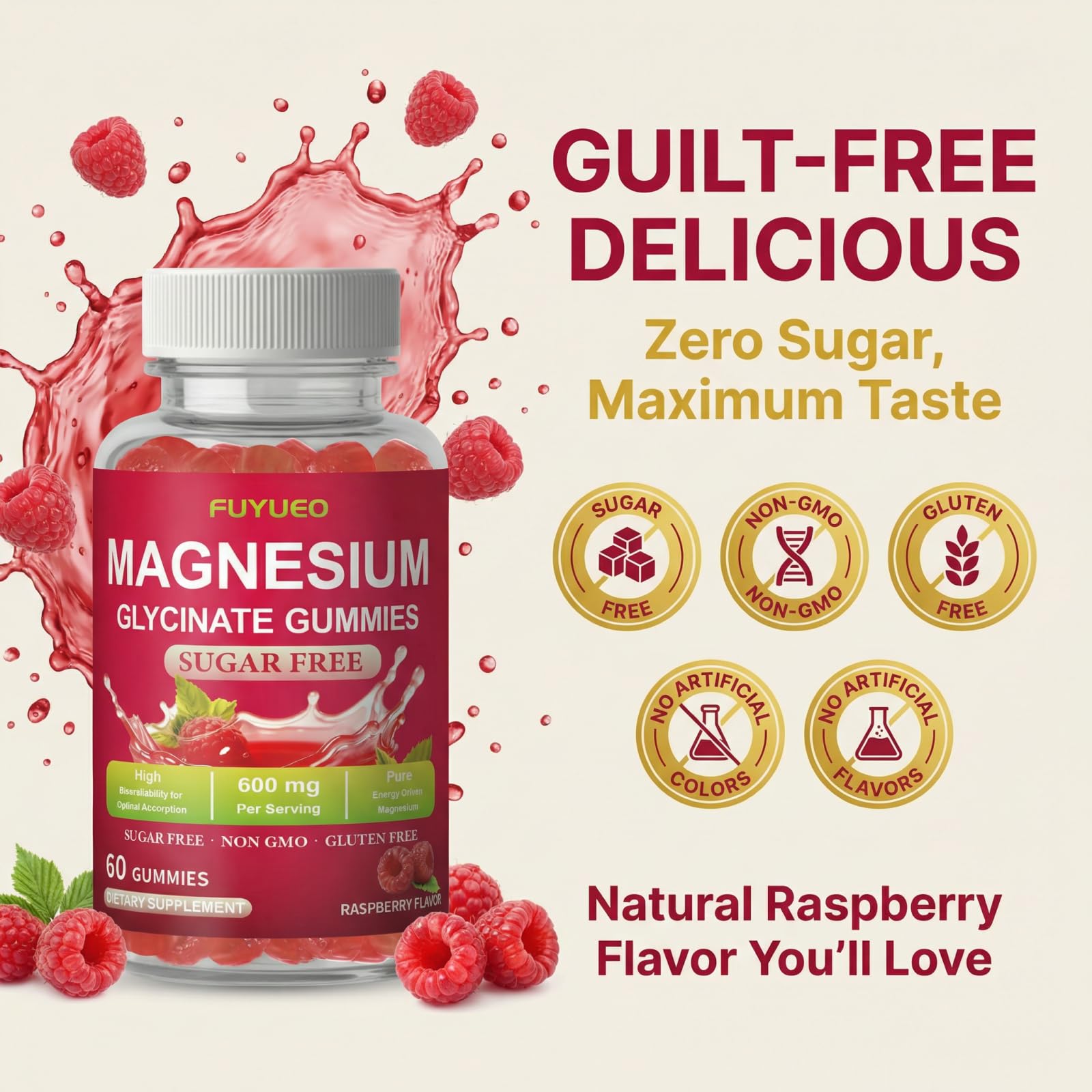 FUYUEO Magnesium Glycinate Gummies for Sleep & Relaxation, Sugar Free High Absorption Magnesium Supplement for Men & Women, Gentle on Stomach, Chewable, Raspberry, 60 Count (Pack of 1) - TrustMedUSA