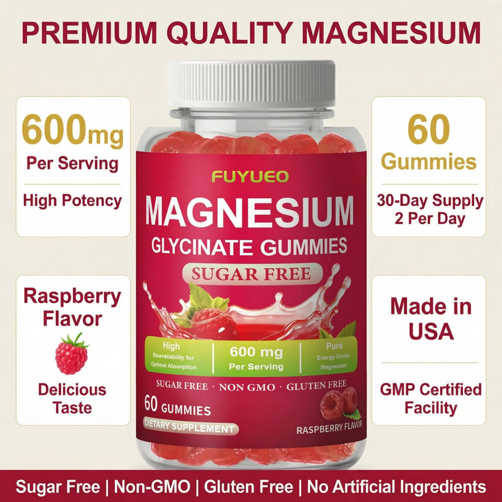 FUYUEO Magnesium Glycinate Gummies for Sleep & Relaxation, Sugar Free High Absorption Magnesium Supplement for Men & Women, Gentle on Stomach, Chewable, Raspberry, 60 Count (Pack of 1) - TrustMedUSA