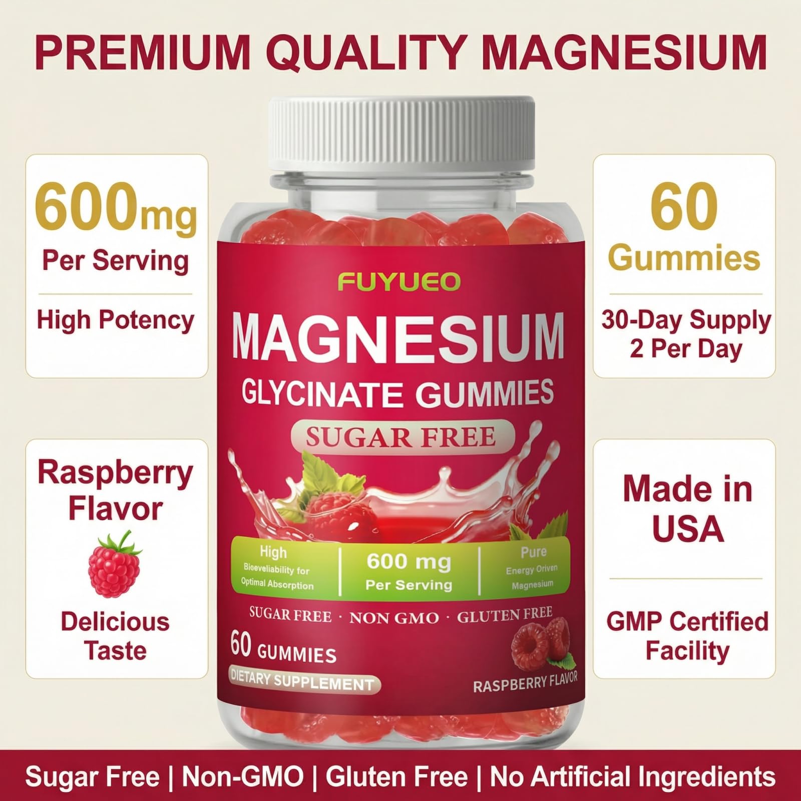 FUYUEO Magnesium Glycinate Gummies for Sleep & Relaxation, Sugar Free High Absorption Magnesium Supplement for Men & Women, Gentle on Stomach, Chewable, Raspberry, 60 Count (Pack of 1) - TrustMedUSA