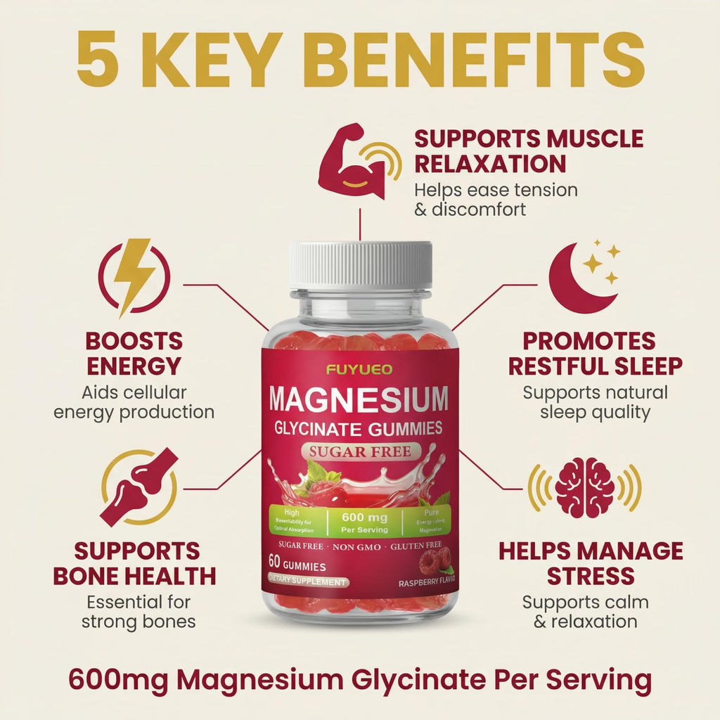 FUYUEO Magnesium Glycinate Gummies for Sleep & Relaxation, Sugar Free High Absorption Magnesium Supplement for Men & Women, Gentle on Stomach, Chewable, Raspberry, 60 Count (Pack of 1) - TrustMedUSA