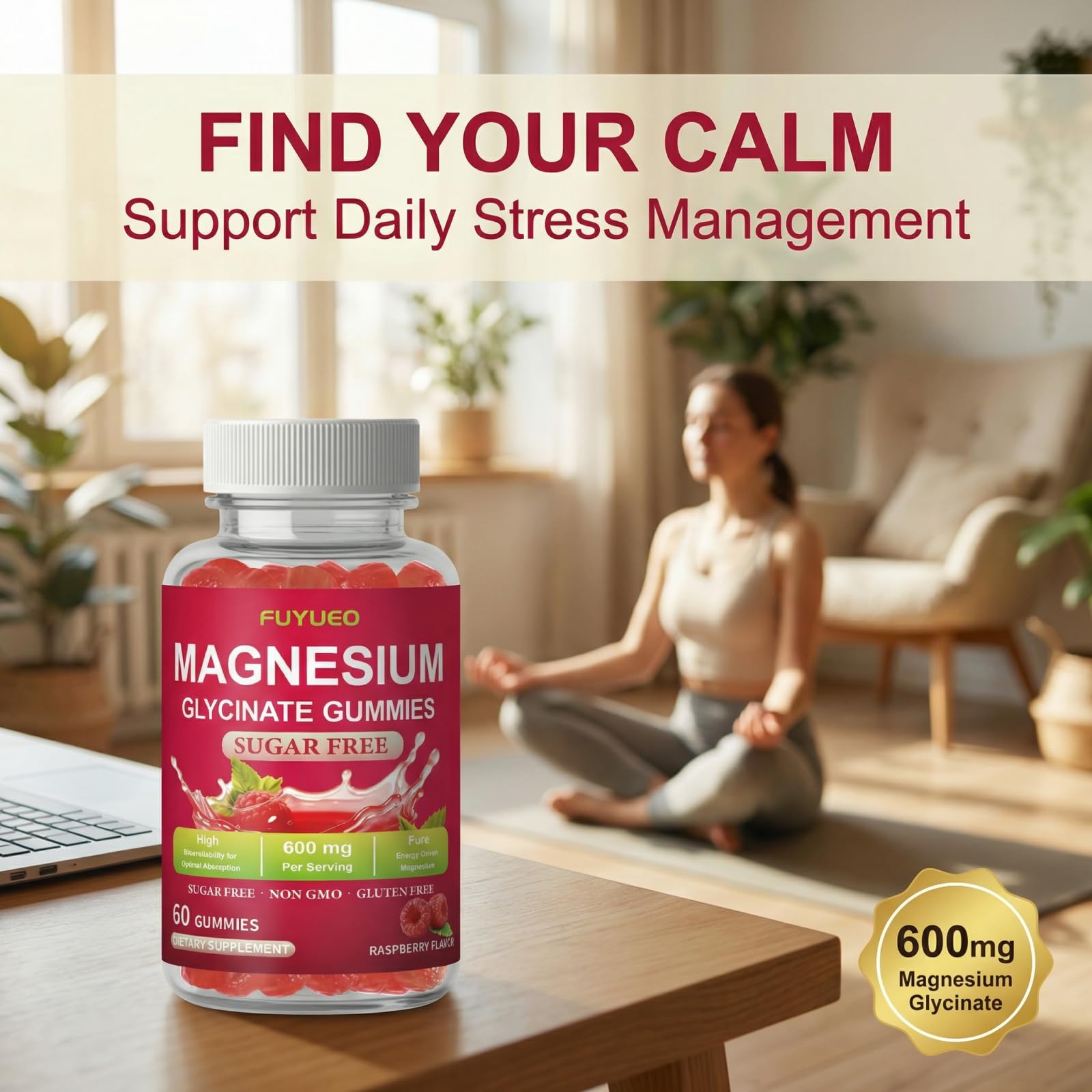 FUYUEO Magnesium Glycinate Gummies for Sleep & Relaxation, Sugar Free High Absorption Magnesium Supplement for Men & Women, Gentle on Stomach, Chewable, Raspberry, 60 Count (Pack of 1) - TrustMedUSA