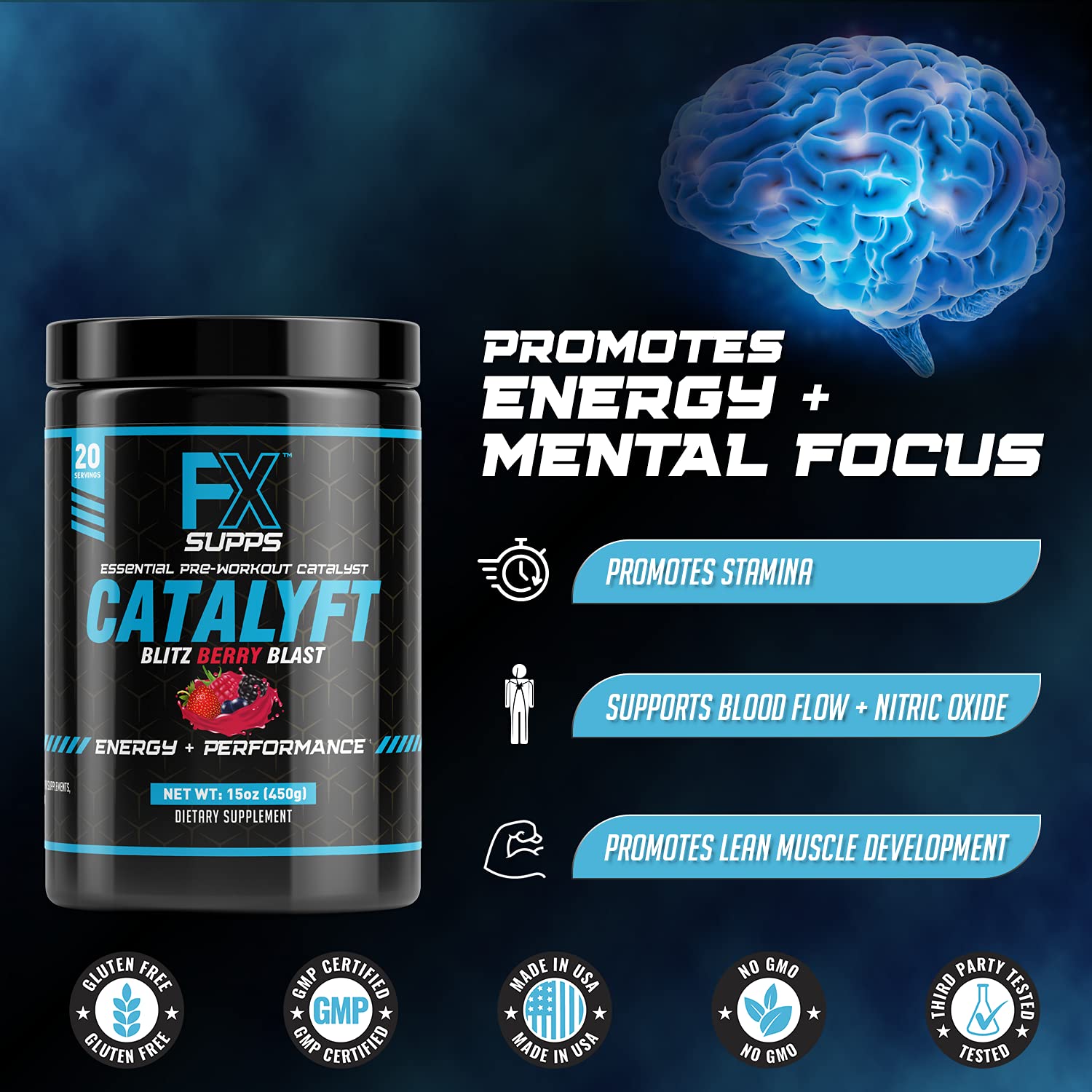 FX Supps Catalyft Pre-Workout PowderDrink for Men and Women Blitz Berry Blast Dietary - TrustMedUSA