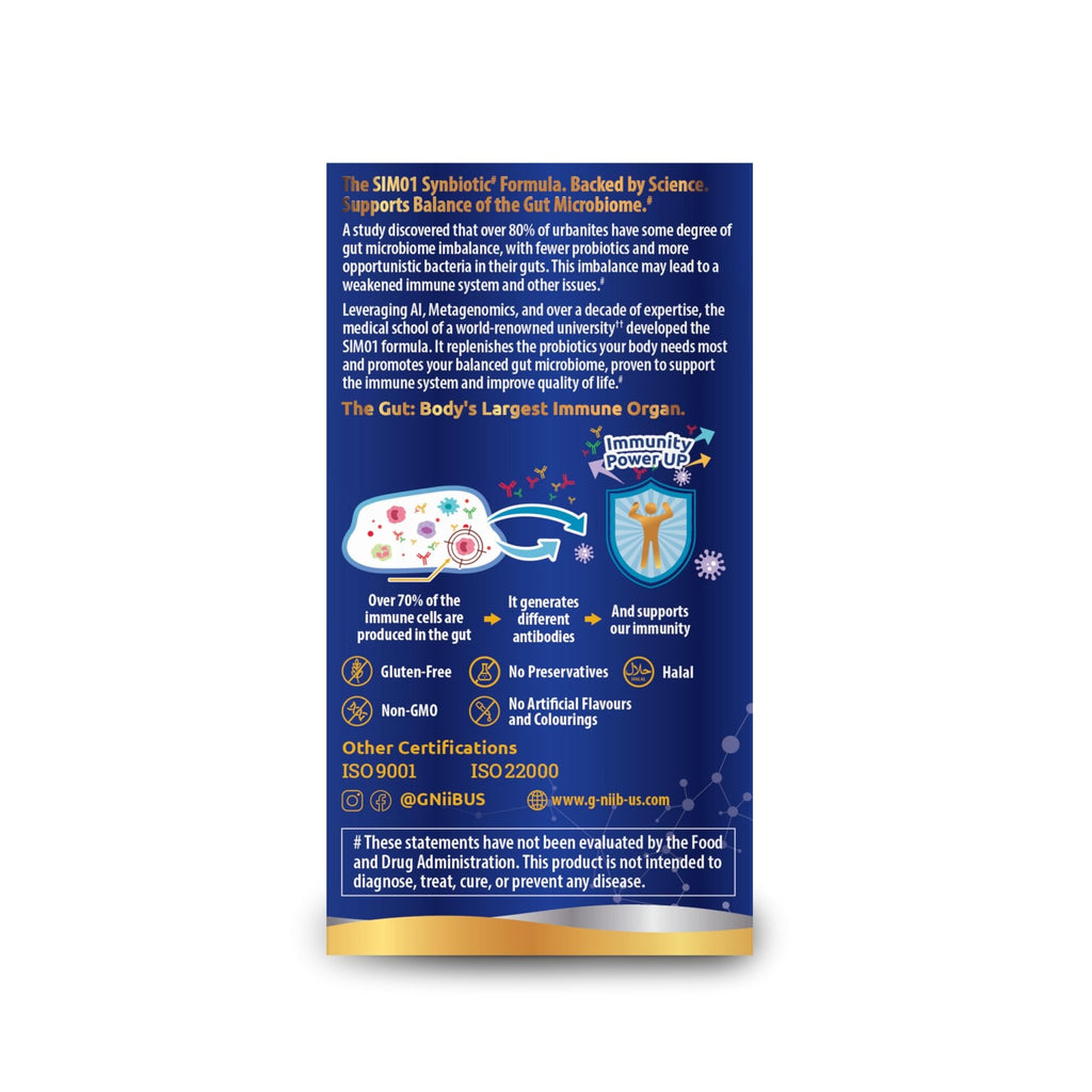 G-NiiB Immunity Elite (SIM01 Synbiotic Formula) - Potent Live probiotics and Added prebiotics to Support Immunity, Regularity, Sleep, Mood, and Skin - 5X More Effective in Reaching the Gut Alive - TrustMedUSA