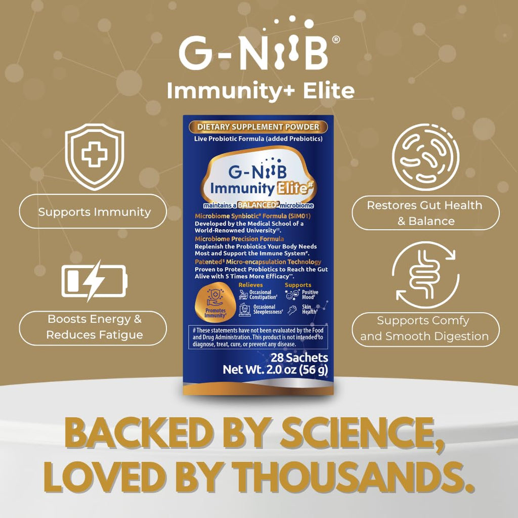 G-NiiB Immunity Elite (SIM01 Synbiotic Formula) - Potent Live probiotics and Added prebiotics to Support Immunity, Regularity, Sleep, Mood, and Skin - 5X More Effective in Reaching the Gut Alive - TrustMedUSA