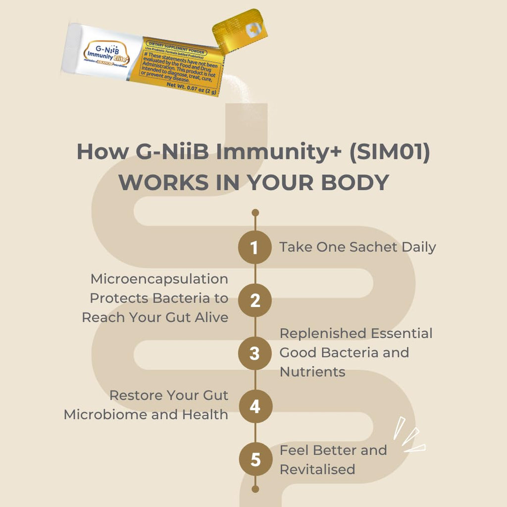 G-NiiB Immunity Elite (SIM01 Synbiotic Formula) - Potent Live probiotics and Added prebiotics to Support Immunity, Regularity, Sleep, Mood, and Skin - 5X More Effective in Reaching the Gut Alive - TrustMedUSA