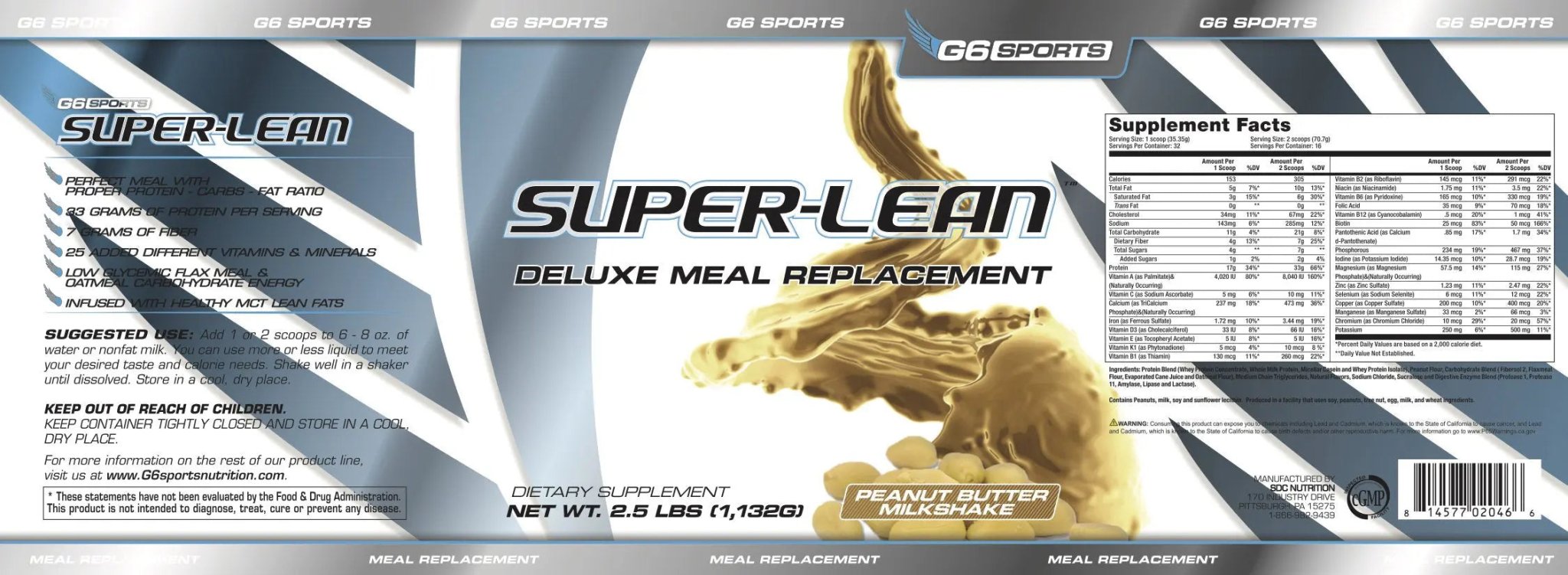 G6 Sports Nutrition Super-Lean Deluxe Meal Replacement (32g Protein, 7g Fiber, 25 Added - TrustMedUSA