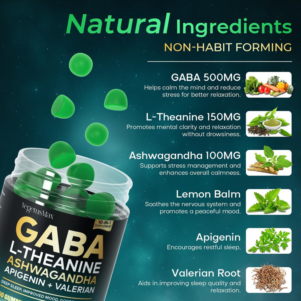 GABA L-Theanine Gummies, Sugar-Free Calm Gummies with L-Theanine, Ashwagandha,Valerian Root,Magnesium | Support Sleep,Stress Relief & Relaxation | GABA Supplement for Adult- Blueberry Flavor - TrustMedUSA