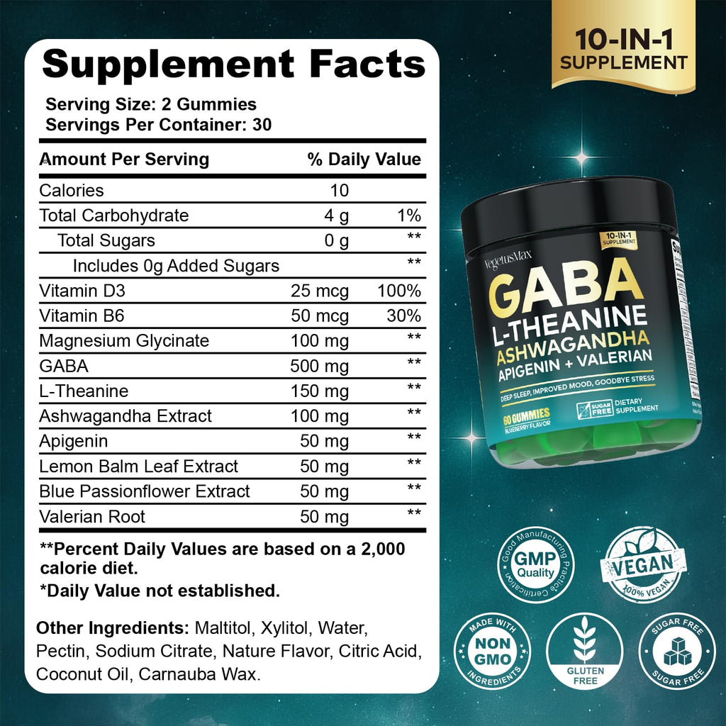 GABA L-Theanine Gummies, Sugar-Free Calm Gummies with L-Theanine, Ashwagandha,Valerian Root,Magnesium | Support Sleep,Stress Relief & Relaxation | GABA Supplement for Adult- Blueberry Flavor - TrustMedUSA