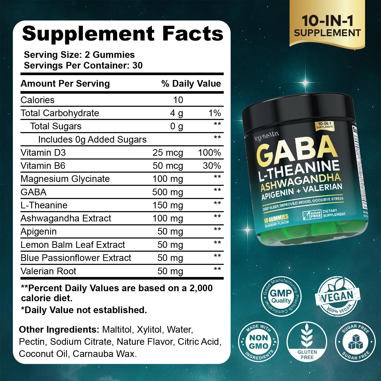 GABA L-Theanine Gummies, Sugar-Free Calm Gummies with L-Theanine, Ashwagandha,Valerian Root,Magnesium | Support Sleep,Stress Relief & Relaxation | GABA Supplement for Adult- Blueberry Flavor - TrustMedUSA