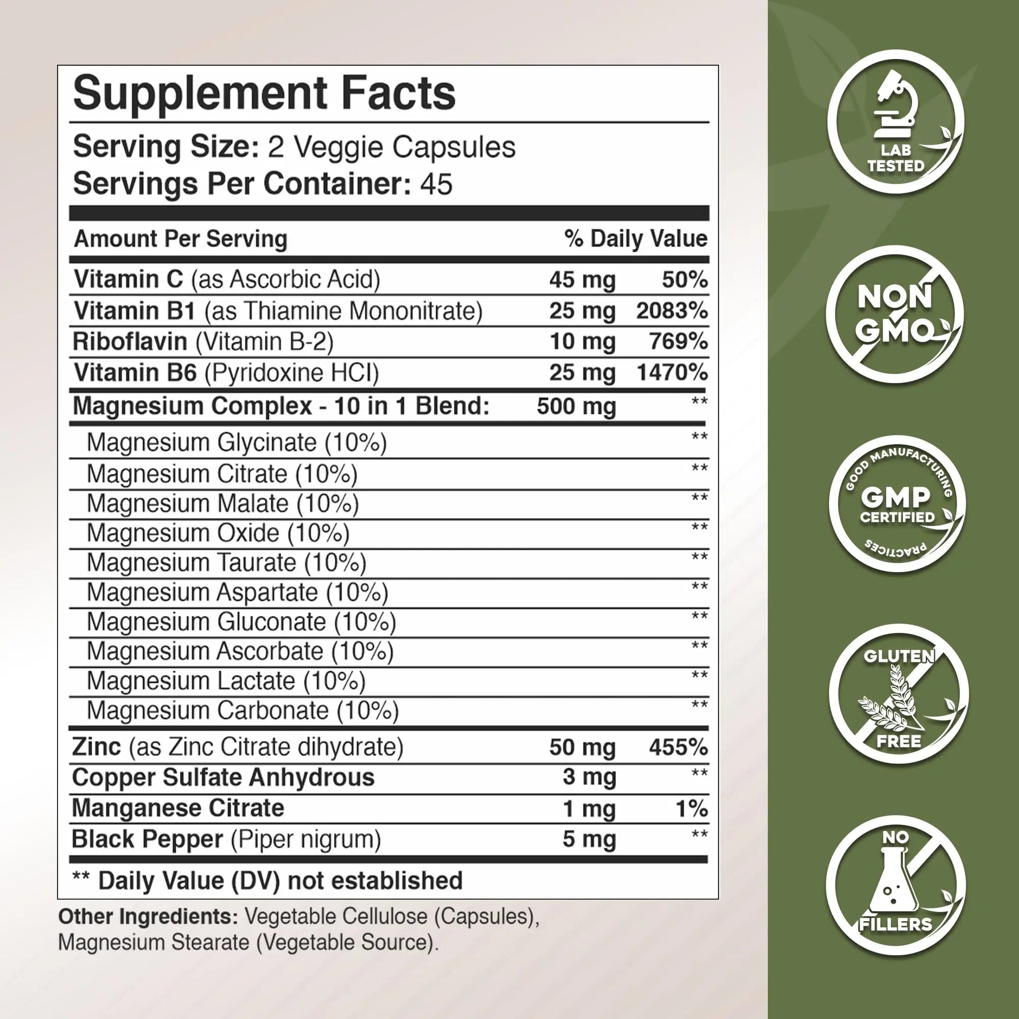 Gade Nutrition Magnesium Complex 10 in 1 - Glycinate, Citrate, Malate, Oxide, Taurate, Aspartate, Gluconate Ascorbate Lactate Carbonate Zinc Copper Manganese & Vitamins 90 Count - TrustMedUSA