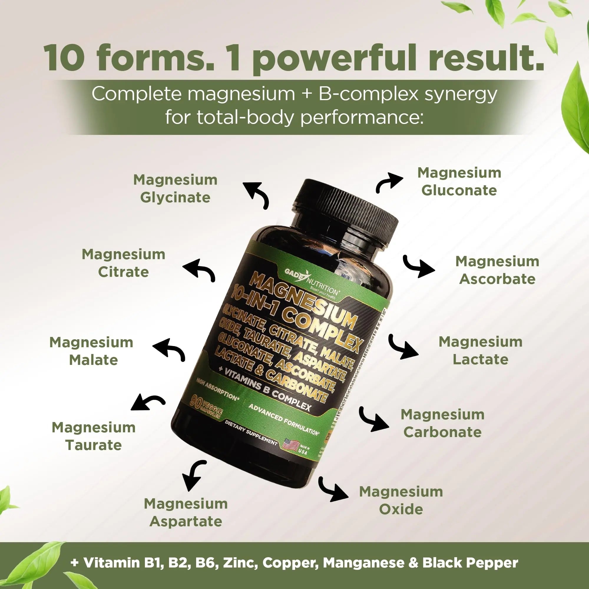Gade Nutrition Magnesium Complex 10 in 1 - Glycinate, Citrate, Malate, Oxide, Taurate, Aspartate, Gluconate Ascorbate Lactate Carbonate Zinc Copper Manganese & Vitamins 90 Count - TrustMedUSA