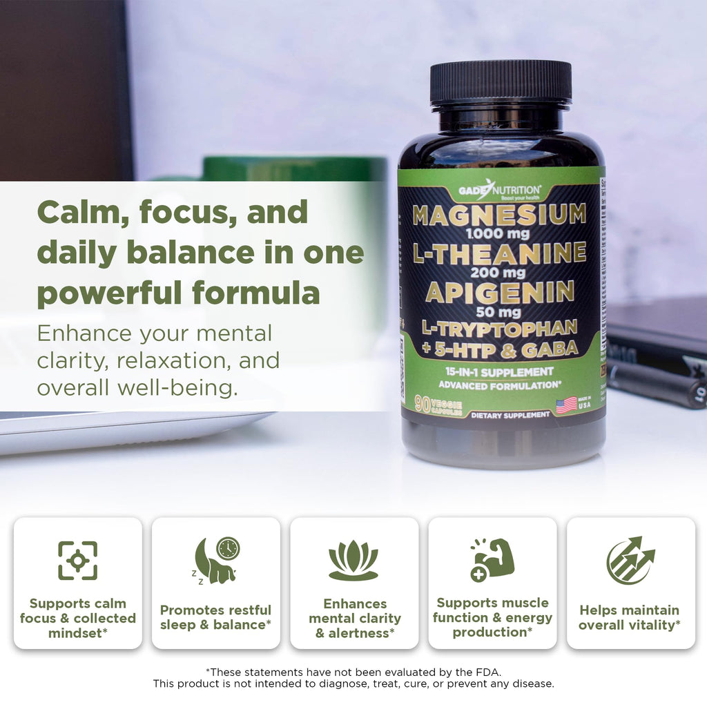 Gade Nutrition Magnesium Glycinate & Magneisum Supplements with Apigenin, L Theanine 200 mg, 5 HTP, GABA Calm Brain Booster Supplement Sleep Aid Ashwagandha L Tryptophan Chamomile - TrustMedUSA