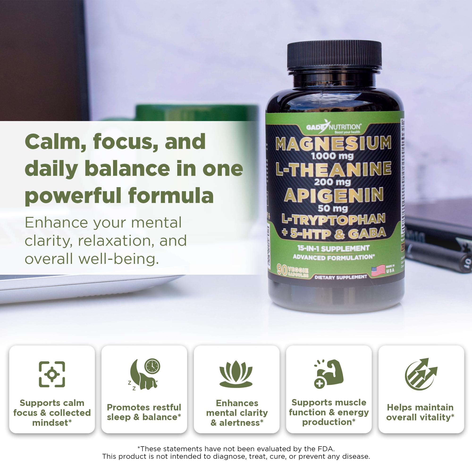 Gade Nutrition Magnesium Glycinate & Magneisum Supplements with Apigenin, L Theanine 200 mg, 5 HTP, GABA Calm Brain Booster Supplement Sleep Aid Ashwagandha L Tryptophan Chamomile - TrustMedUSA