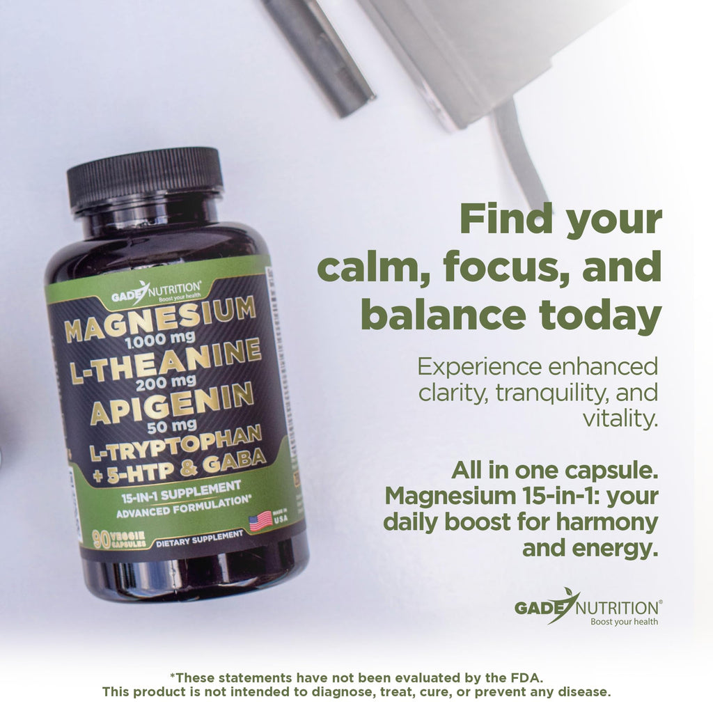 Gade Nutrition Magnesium Glycinate & Magneisum Supplements with Apigenin, L Theanine 200 mg, 5 HTP, GABA Calm Brain Booster Supplement Sleep Aid Ashwagandha L Tryptophan Chamomile - TrustMedUSA