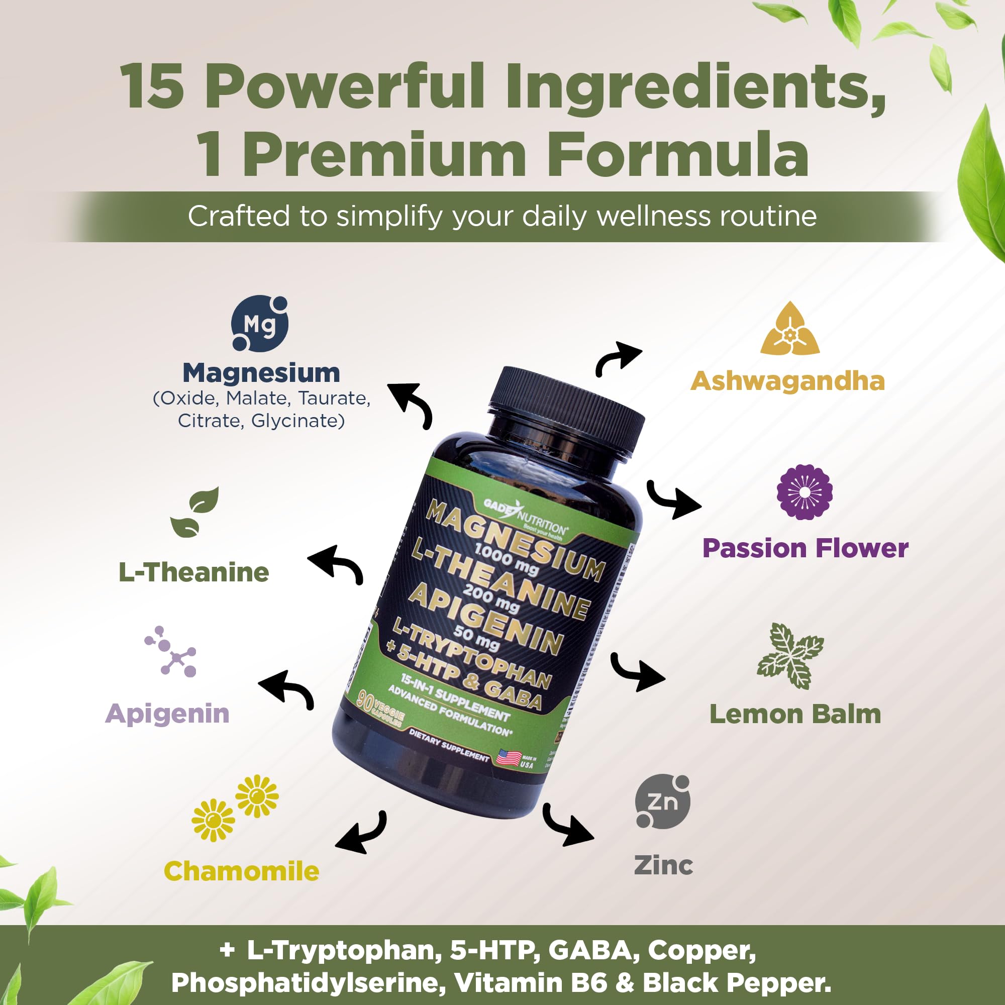 Gade Nutrition Magnesium Glycinate & Magneisum Supplements with Apigenin, L Theanine 200 mg, 5 HTP, GABA Calm Brain Booster Supplement Sleep Aid Ashwagandha L Tryptophan Chamomile - TrustMedUSA