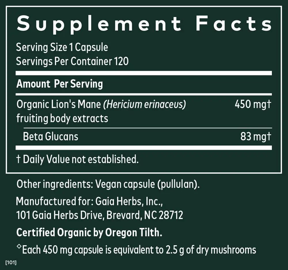 Gaia Herbs Organic Lion’s Mane Mushroom - Brain and Nerve Support Supplement - TrustMedUSA