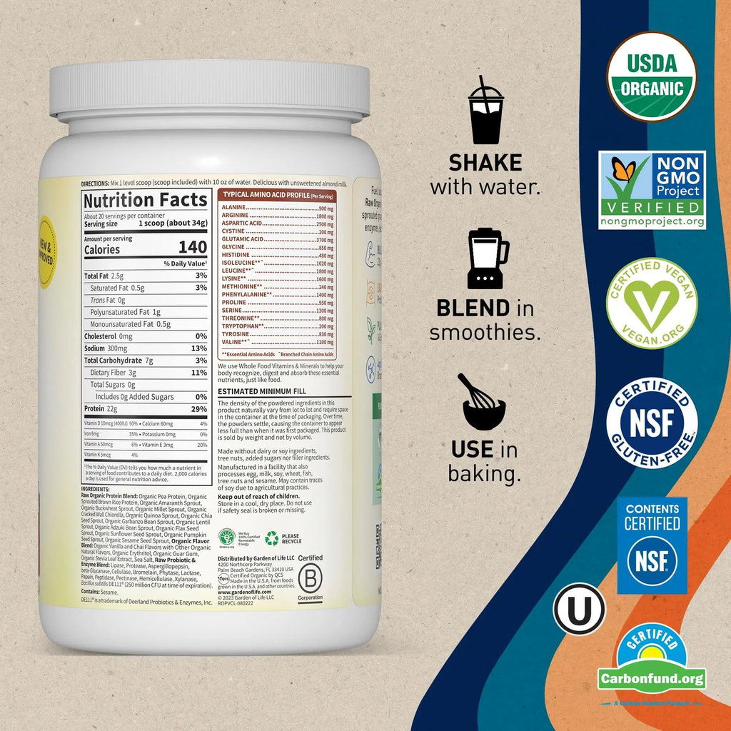 Garden of Life, Organic Vegan Vanilla Chai Protein Powder -22g Complete Plant Based Raw - TrustMedUSA