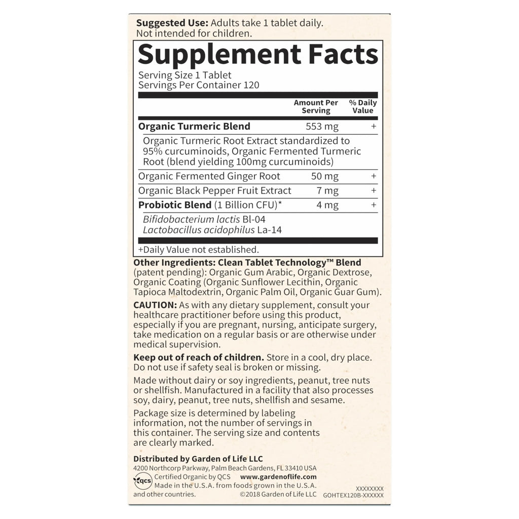 Garden of Life Organics Extra Strength Turmeric Inflammatory Response 120 Tablets-100Mg Curcumin (95% Curcuminoids) Black Pepper, Probiotics, Organic Non-GMO Vegan Gluten Free Herbal Supplement - TrustMedUSA