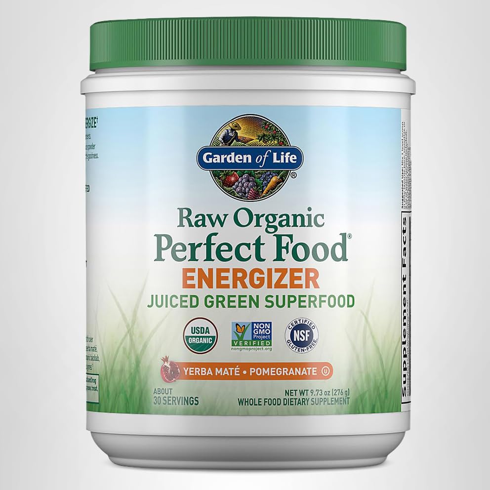 Garden of Life Raw Organic Perfect Food Energizer Juiced Green Superfood Powder - Yerba Mate Pomegranate, 30 Servings, Green Superfood Powder & Probiotics, Gluten Free Whole Food Greens Supplements - TrustMedUSA