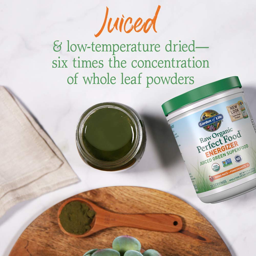 Garden of Life Raw Organic Perfect Food Energizer Juiced Green Superfood Powder - Yerba Mate Pomegranate, 30 Servings, Green Superfood Powder & Probiotics, Gluten Free Whole Food Greens Supplements - TrustMedUSA