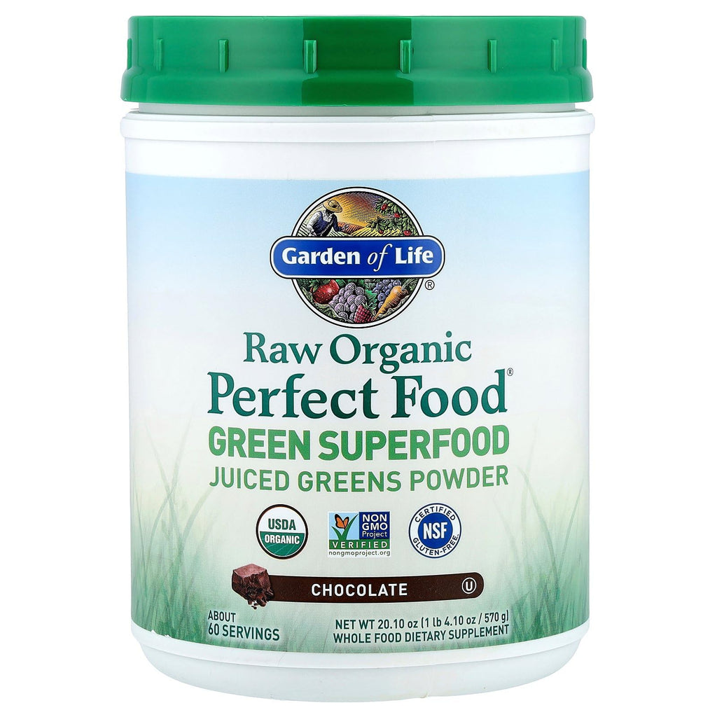 Garden of Life Raw Organic Perfect Food Green Superfood Juiced Greens Powder - Chocolate, 60 Servings, Non-GMO, Gluten Free, Vegan Whole Food Dietary Supplement Plus Probiotics, Enzymes - TrustMedUSA
