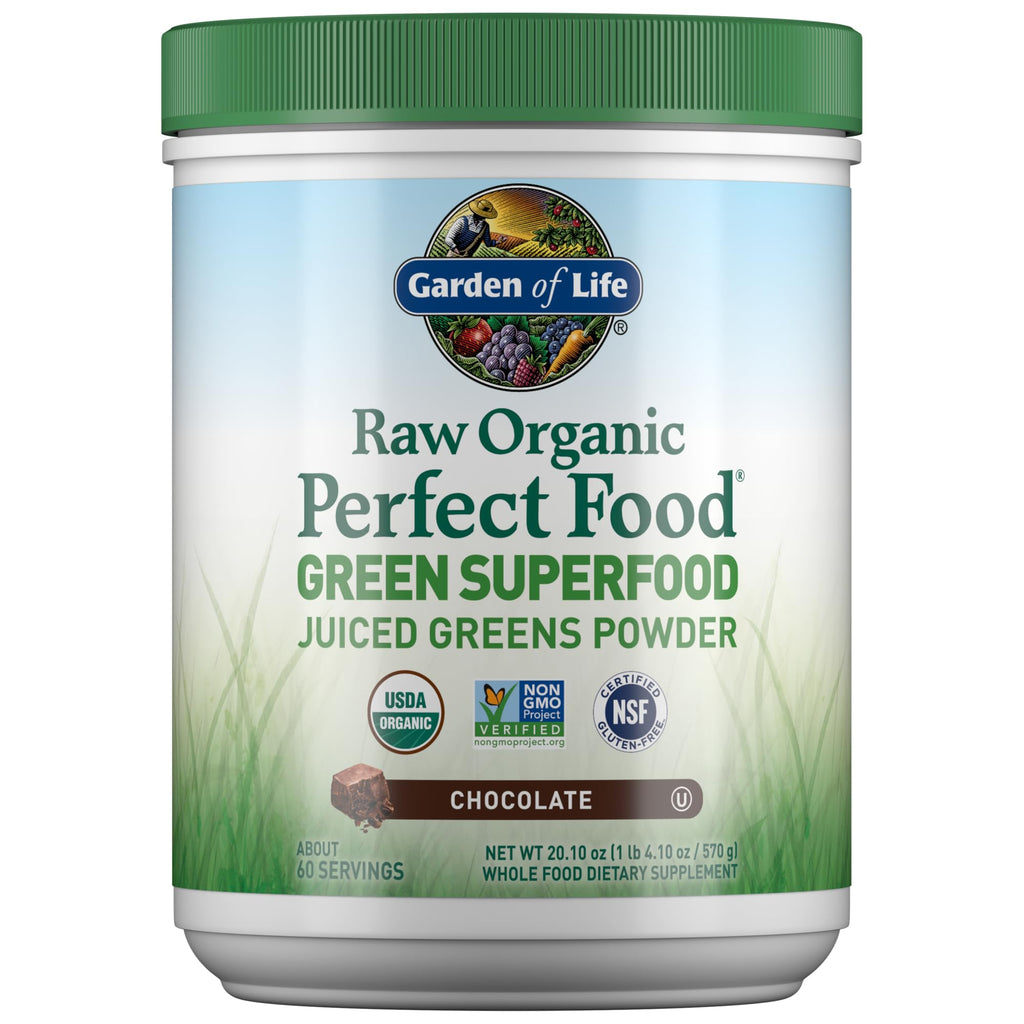 Garden of Life Raw Organic Perfect Food Green Superfood Juiced Greens Powder - Chocolate, 60 Servings, Non-GMO, Gluten Free, Vegan Whole Food Dietary Supplement Plus Probiotics, Enzymes - TrustMedUSA