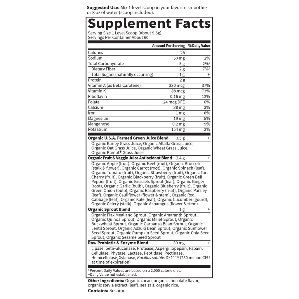 Garden of Life Raw Organic Perfect Food Green Superfood Juiced Greens Powder - Chocolate, 60 Servings, Non-GMO, Gluten Free, Vegan Whole Food Dietary Supplement Plus Probiotics, Enzymes - TrustMedUSA