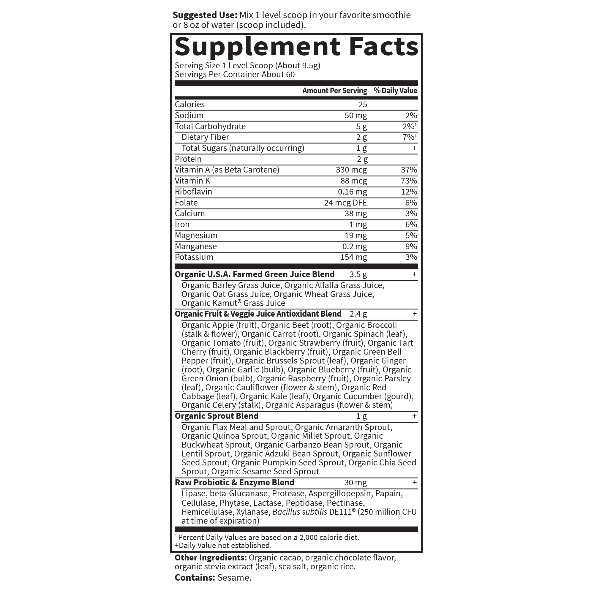 Garden of Life Raw Organic Perfect Food Green Superfood Juiced Greens Powder - Chocolate, 60 Servings, Non-GMO, Gluten Free, Vegan Whole Food Dietary Supplement Plus Probiotics, Enzymes - TrustMedUSA